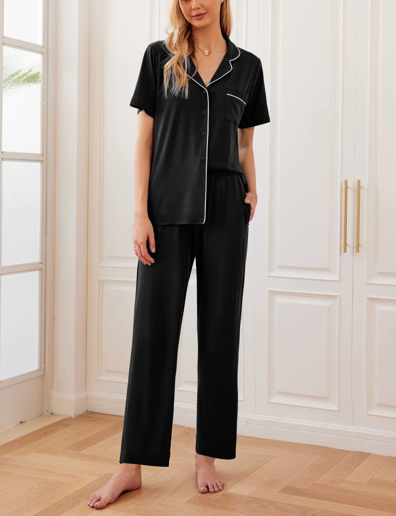Ekouaer Women Pajamas Set Button Down Sleepwear Short Sleeve Nightwear with Long Pants Soft Pjs Set S-XXL Black M - Image 3